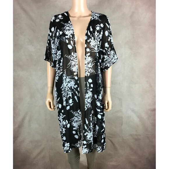 CALVIN KLEIN Black/White Floral Chiffon Cover-up Kimono NWT 4 - Picture 4 of 16